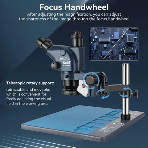 Pro Grade Trinocular Stereo Microscope For Watch Repair Soldering And PCB Work With Six Point Five To Sixty Five Times Continuous Zoom And Telescopic Stand Great For Jewelry Inlay Engraving And Fine Detail Cleaning And Inspection. focus handwheel and telescopic stand on PCB workbench