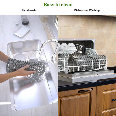 Silicone Kitchen Sink Mat With Non Slip Design, Stable Farmhouse Sink Protector shown hand washing and in dishwasher