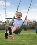 Kids playing on Big Brutus Galvanized Steel Swing Set Kit With Classic A Frame Two Belt Swings Trapeze Bar Easy Assembly