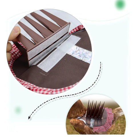 Detail of Raptor Proof Chicken Saddle Vest with long bird spikes and reflective tape, showing material and strap design.