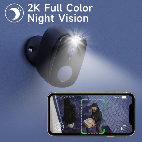 Outdoor Wireless Security Camera Wire Free Spotlight Cam Battery Powered 2K FHD Video Two Way Audio AI Motion Detection Color Night Vision Cloud SD Up To 256GB Alexa Compatible Black mounted on wall with mobile app view.