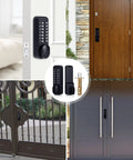 Keyless Mechanical Combination Lock With Keypad, Black Finish, installed on various doors and gates, front and side views.