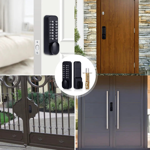 Keyless Mechanical Combination Lock With Keypad, Black Finish, installed on various doors and gates, front and side views.