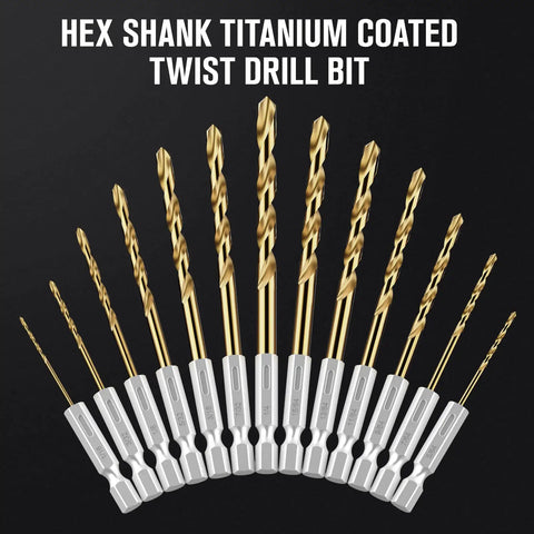 Hex Shank Drill Bit Set 13-Piece HSS Titanium Twist Bits For Metal Wood Plastic Quick Change Design
