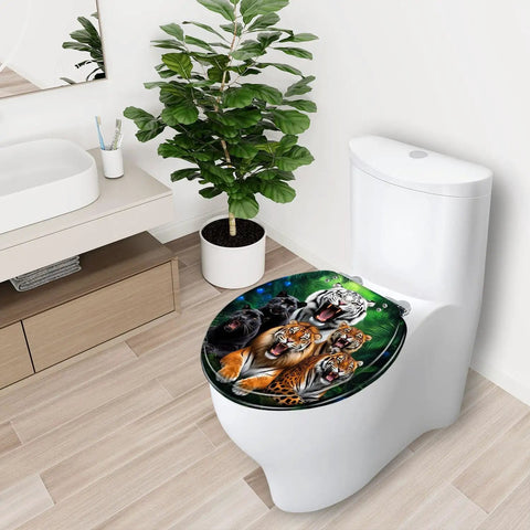 Toilet Seat Round Slow Close Bathroom Replacement with vibrant animal print design in a modern bathroom setting.