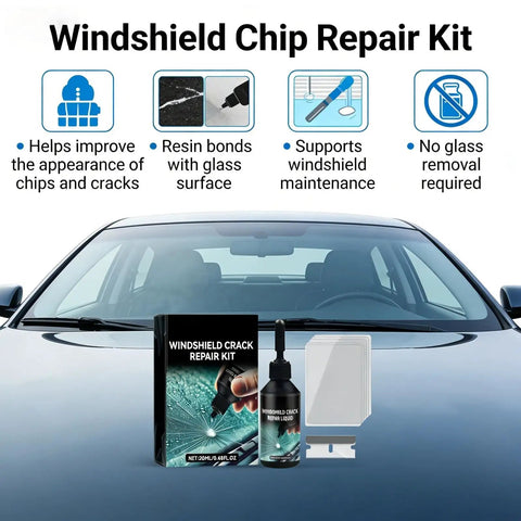 All In One Windshield Crack Repair Kit For Cars And Auto Glass Chips Quick Fix Glass Repair Tool in front of car windshield