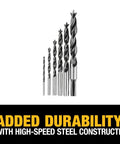 Front view of DeWalt 6-piece Brad-point drill bit set with black-coated high-speed steel bits