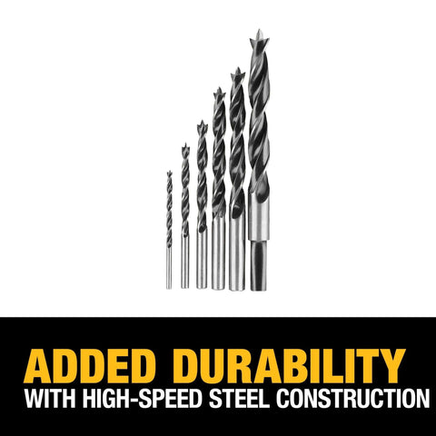 Front view of DeWalt 6-piece Brad-point drill bit set with black-coated high-speed steel bits