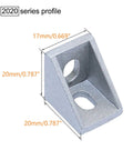 Close-up of 2020 aluminum extrusion corner bracket for 6mm slot, 90-degree angle, shown with measurements for 2020 series profile.