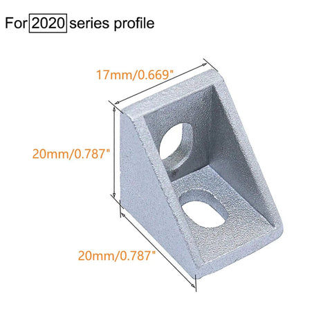 Close-up of 2020 aluminum extrusion corner bracket for 6mm slot, 90-degree angle, shown with measurements for 2020 series profile.
