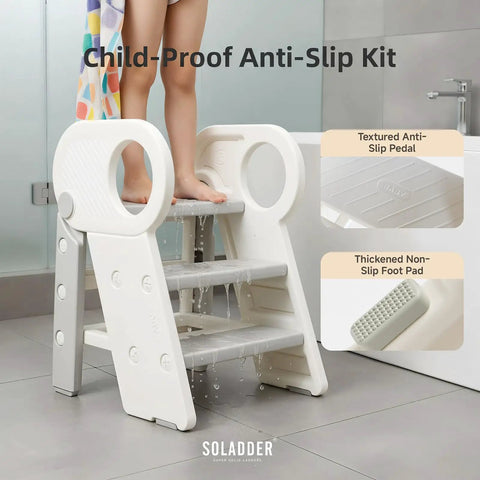 Super Handy Adjustable Foldable Toddler Step Stool For Bathroom Sink Nifty Anti Slip Three In One Kids Climbing Aid Rock Solid Lightweight Gray Helper Easy Setup Smooth Operation Safe Grip Non Skid Surfaces Top Shelf Quality