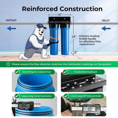 Smooth Two Stage Whole House Water Filtration System Featuring 20 Inch Sediment And Carbon Block Filters with reinforced construction and dimensions.