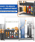 Heavy Duty Garage Sports Organizer All In One Golf Bag Rack And Multi Sport Ball Holder with focus on ball compartment