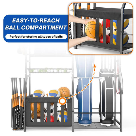 Heavy Duty Garage Sports Organizer All In One Golf Bag Rack And Multi Sport Ball Holder with focus on ball compartment