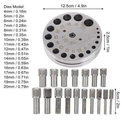 Circle Round Disc Cutter Set 17Pcs Pro Grade Steel Jewelry Making Kit with 17 metal dies for cutting discs 0.16 to 0.79 inch.