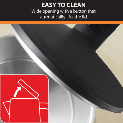 1.5L Cordless Electric Kettle With Cool Touch Exterior And Stainless Steel Interior lid open for easy cleaning