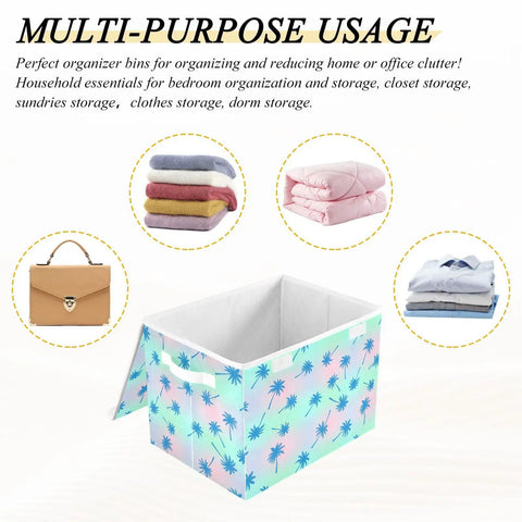 Insane Quality Foldable Storage Bin With Lid, Collapsible Box For Home Bedroom, 300D Oxford Fabric With Hollow Board Frame, Dustproof Flip Top Cover With Velcro Closure, Space Saving Container For Clutter Control with colorful palm tree design, ideal for organizing clothes.