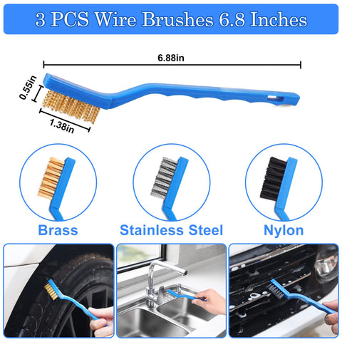 3 PCS wire brushes of 6.8 inches in brass, stainless steel, and nylon from 27 Piece Car Detailing Kit With Drill Brush Set And Wash Mitts For Interior Exterior And Wheels, All In One Car Cleaning Kit With Detail Brushes Tire Brush Dash Duster Microfiber Towels And Wax Applicators