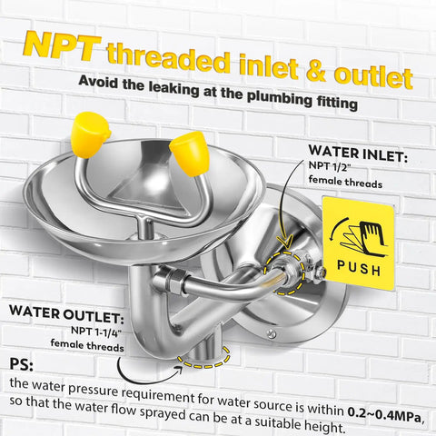 Go To Wall Mounted Eye Wash Station With Eyewash Sign For Emergency Eye And Face Washing In Commercial Settings Stainless Steel 304 Construction NPT Thread Plumbing Connection