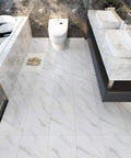 Bathroom with 12x12 Inch Vinyl Floor Tiles Peel And Stick White Marble Waterproof Self Adhesive Sticker Tiles installed