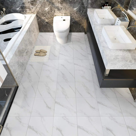 Bathroom with 12x12 Inch Vinyl Floor Tiles Peel And Stick White Marble Waterproof Self Adhesive Sticker Tiles installed