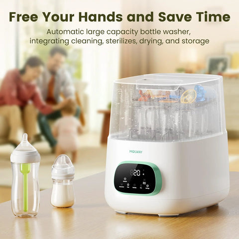 MOLWAY Upgraded Bottle Washer Pro: white all-in-one bottle cleaner, sterilizer and dryer; two bottles.