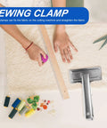 Heavy Duty Metal Sewing Bed Cloth Clamps For Hemming And Fabric Quilting Workholding Tools on fabric with ruler and supplies.