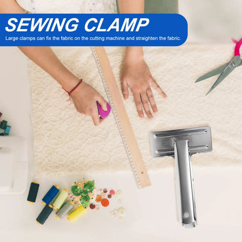 Heavy Duty Metal Sewing Bed Cloth Clamps For Hemming And Fabric Quilting Workholding Tools on fabric with ruler and supplies.