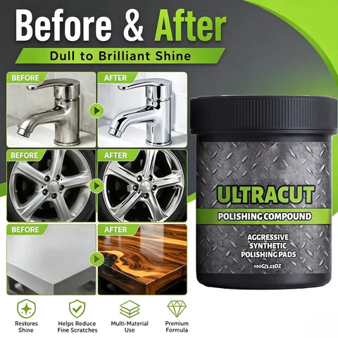 Before and after comparison of Heavy Multi Surface Scratch Remover With Applicator Pad For Wood Leather Metal Stone High Gloss Polish.
