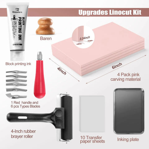 Linocut Printmaking Kit For Adults With Linoleum Blocks And Stamp Making Tools, showing ink, carving tools, brayer, and pink blocks.