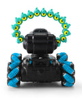 Rear view of blue remote control battle tank that shoots foam darts, 16 darts included, slick maneuvering RC car for kids