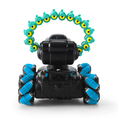 Rear view of blue remote control battle tank that shoots foam darts, 16 darts included, slick maneuvering RC car for kids