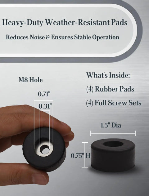 Heavy Duty Anti Vibration Rubber Feet 4 Pack With Mounting Screws For Air Compressors and Work Gear, shown in hand with measurements.