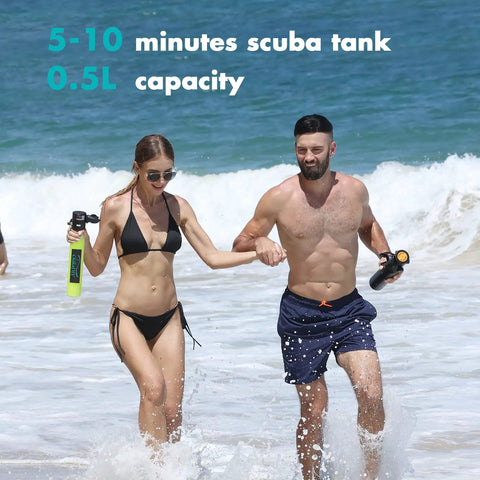 Couple holding Mini 0.5L Scuba Tank For Emergency Air Supply Portable Snorkeling Oxygen Canister on beach
