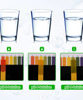 Three pH test results using Ultimate 50 Pack pH Test Strips Kit 1 To 14 Universal Range Litmus Paper, showing pH 2, 6, and 8 in glasses.