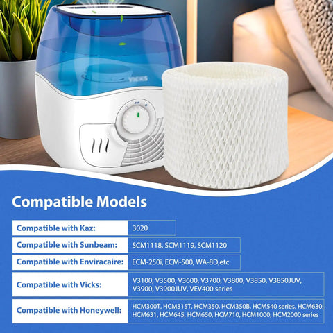 Six Pack WF2 Humidifier Filter Replacement Set For Vicks V3100 V3500 V3600 V3700 V3800 V3850 V3900 And Honeywell HCM Series next to humidifier