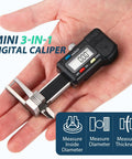 Compact 3-In-1 Mini Digital Caliper With Stainless Steel Body 0-25mm Range in a hand, showing LCD readout and measurement functions.