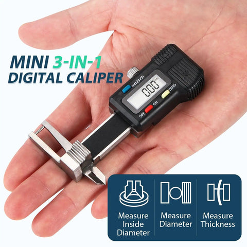 Compact 3-In-1 Mini Digital Caliper With Stainless Steel Body 0-25mm Range in a hand, showing LCD readout and measurement functions.