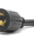 Heavy Duty Generator Extension Cord Splitter Adapts L14-30R Receptacle To Dual 5-20R Outlets featuring a close-up of L14-30R plug.