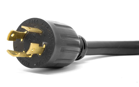 Heavy Duty Generator Extension Cord Splitter Adapts L14-30R Receptacle To Dual 5-20R Outlets featuring a close-up of L14-30R plug.