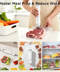 Compact Food Vacuum Sealer With 30 Reusable Bags sealing steak, handheld, white, kitchen setting, vegetables nearby