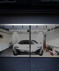 Hands Free Magnetic Garage Screen Door 16x7 Feet For Two Car Garages Fiberglass Mesh over open garage with car inside