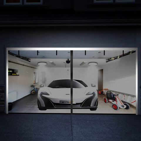 Hands Free Magnetic Garage Screen Door 16x7 Feet For Two Car Garages Fiberglass Mesh over open garage with car inside