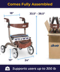 Slick Folding Rollator Walker With Super Comfy Padded Seat And Reliable Hand Brakes Butter Smooth Ten Inch Wheels Aluminum Frame Built Tough for easy mobility and measurements shown.