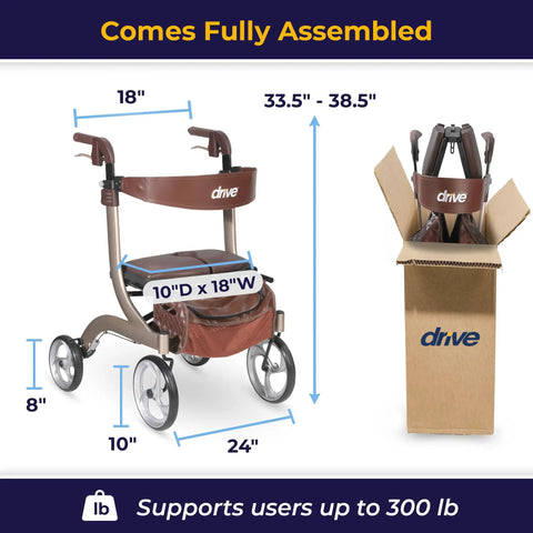 Slick Folding Rollator Walker With Super Comfy Padded Seat And Reliable Hand Brakes Butter Smooth Ten Inch Wheels Aluminum Frame Built Tough for easy mobility and measurements shown.