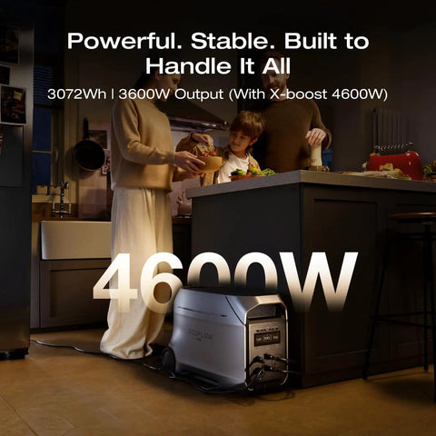 Family using Delta 3 Ultra Plus Portable Power Station With 3072Wh LiFePO4 Battery in a kitchen setting, displaying 4600W output.