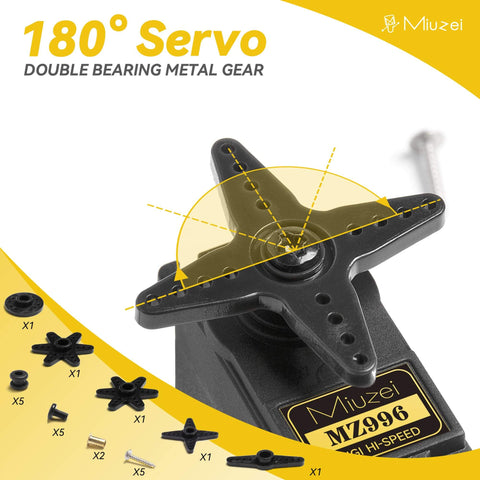 Close-up of 180° servo with double bearing metal gear and parts layout, featuring MG996R 55g Metal Gear Torque Digital Servo Motor For RC Helicopter Car Boat Robot High Speed Micro Servo Delivers 0.17 Seconds Per 60 Degrees At 4.8V And 0.13 Seconds Per 60 Degrees At 6V 13.5kgcm To 15.2kgcm Torque, Durable Metal Gear 6 Pack