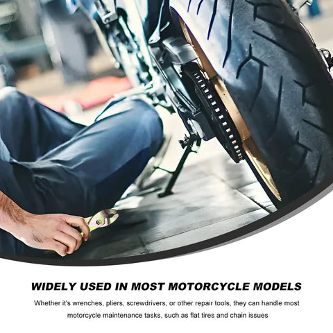 Close-up of person using pliers near motorcycle tire, illustrating 7 Piece Motorcycle Repair Tool Kit With Spanner Screwdriver Pliers Spark Plug.