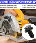 Image of Dewalt miter saw with Miter Saw Arbor Bolt Replacement 8mm M8 14534401 for Dewalt miter saws, close-up of blade.