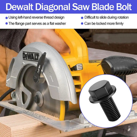 Image of Dewalt miter saw with Miter Saw Arbor Bolt Replacement 8mm M8 14534401 for Dewalt miter saws, close-up of blade.